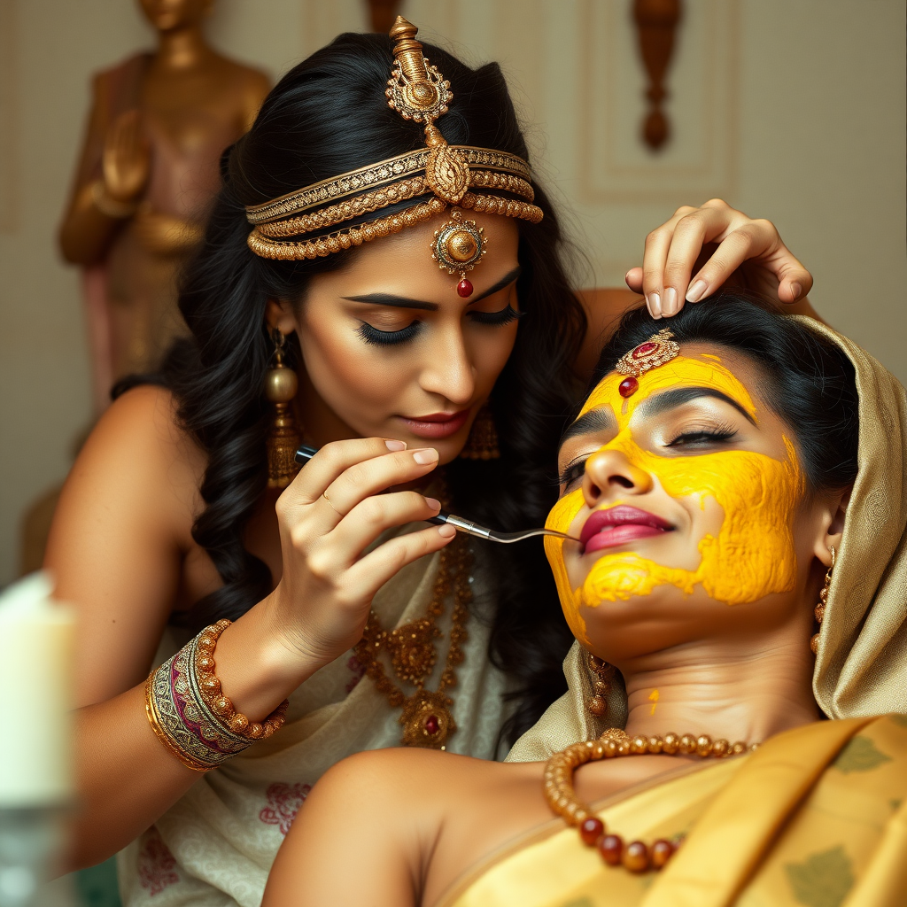 young cleopatra, working in beauty parlour, giving turmeric facial to rich, traditional indian wife