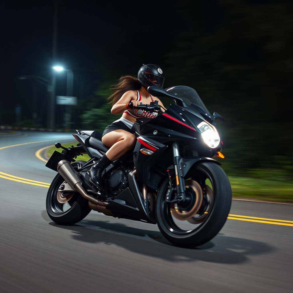 A sexy motorcycle rider in a cheerleader outfit races through the night. She leans into the curve at high speed. The motorcycle tilts at a 45° angle.