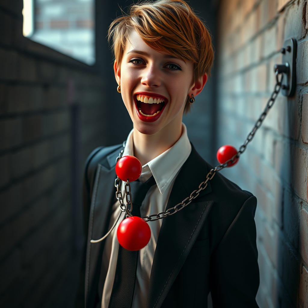 photorealistic, ultra high resolution, 16K, surreal fantasy, soft studio lighting, Tyler Swift is a pretty 18 year old goth male vampire, slim male physique, auburn hair, vampire fang teeth, goth makeup, earrings, shiny black pantyhose, school uniform shirt tie and blazer, Mary-Jane shoes, spikey neck collar chain and leash, red ball-gag, in a dungeon, the end of the leash is chained to the wall, in daylight, excited open mouth smile, drooling a stream of saliva, facing the camera.