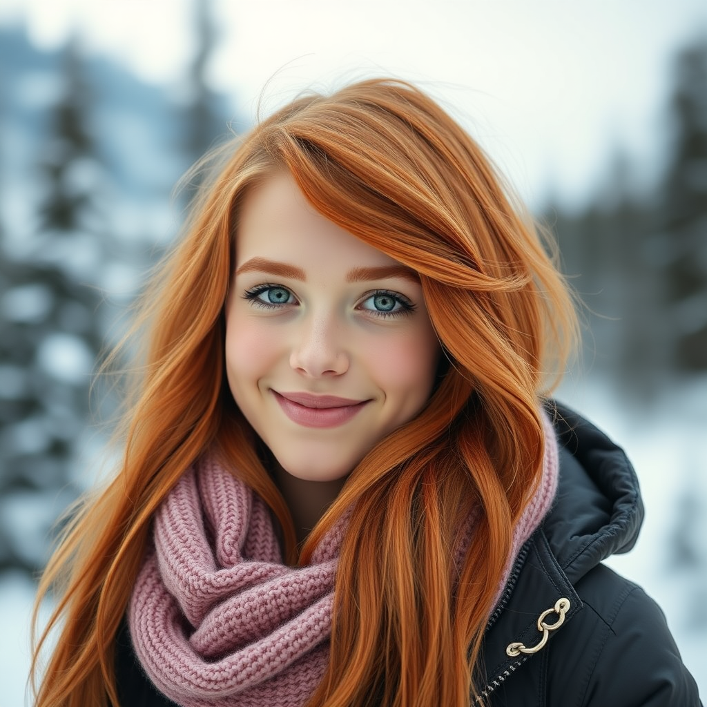 beautiful young woman with lush ginger long hair, full lips, perfect eyebrows, pale skin, on Alaska during winter happy