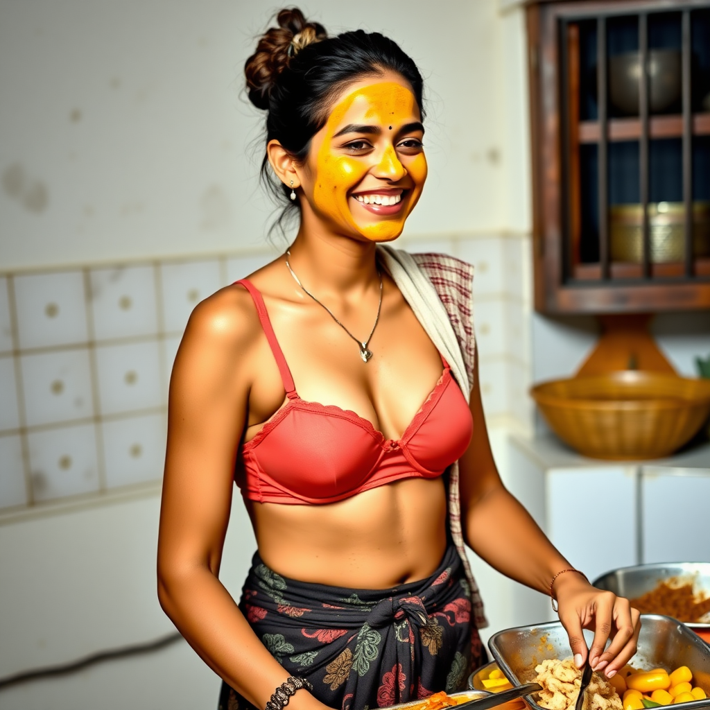 A skinny, happy, 30-year-old, traditional Indian wife with a pencil hair bun, wearing a bra, skirt, and a short towel on her shoulder. She is preparing food in the kitchen. Her face is covered with a turmeric face mask.