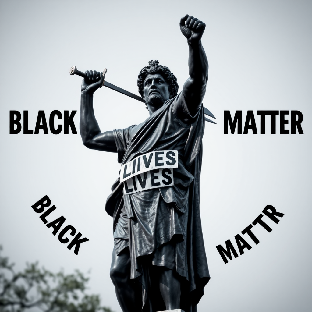 Black Lives Matter (BLM) is a decentralized political and social movement Art. Roman black statue of George Perry Floyd Jr. with a sword posing and 'Black Lives Matter' around it