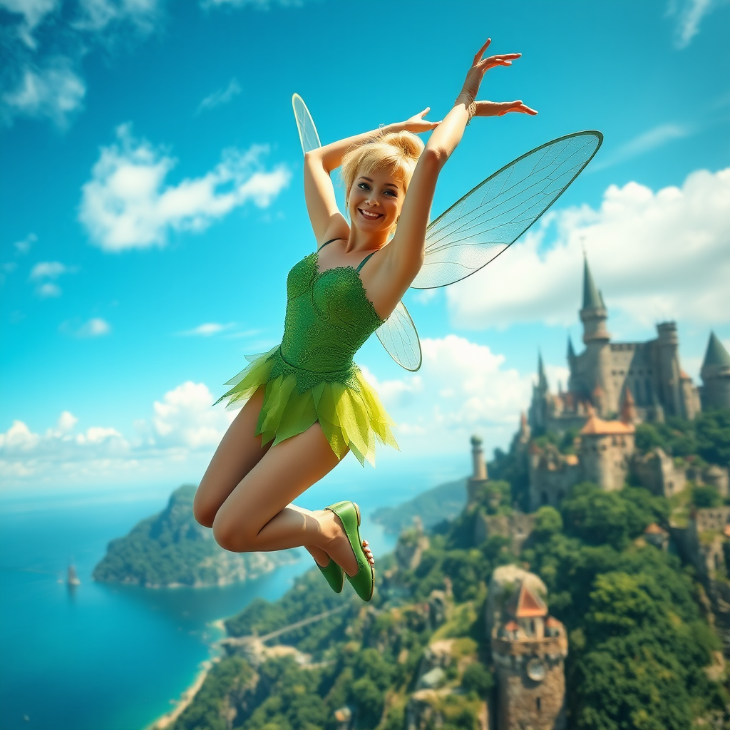 A woman cosplaying as Tinkerbell she's flying in the air surrounded by the skyscape of Neverland. The denizens of Neverland are all around with locations on the island clearly visible behind her. Her graceful arms float above her head. In the photographic style of Richard Fegley on DSLR