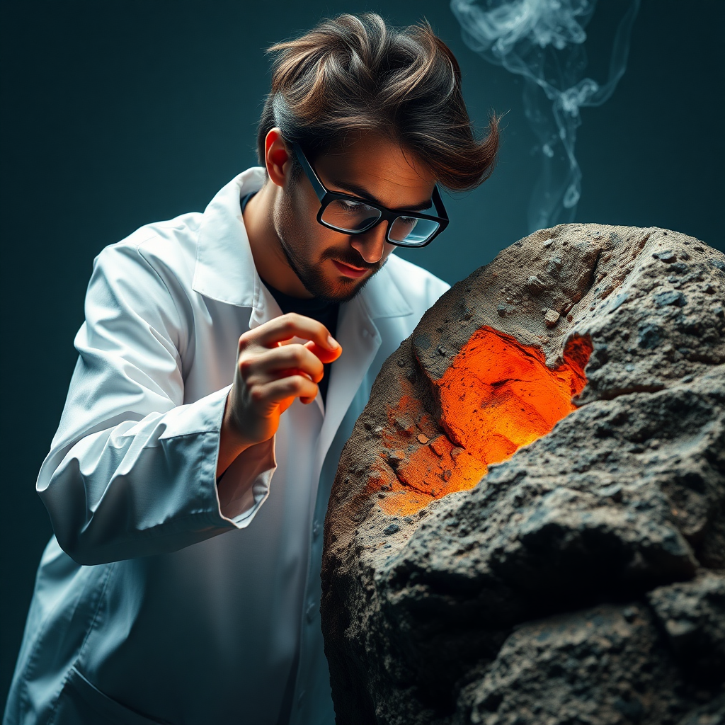 scientist looking a simple rock very curiously and overreacting