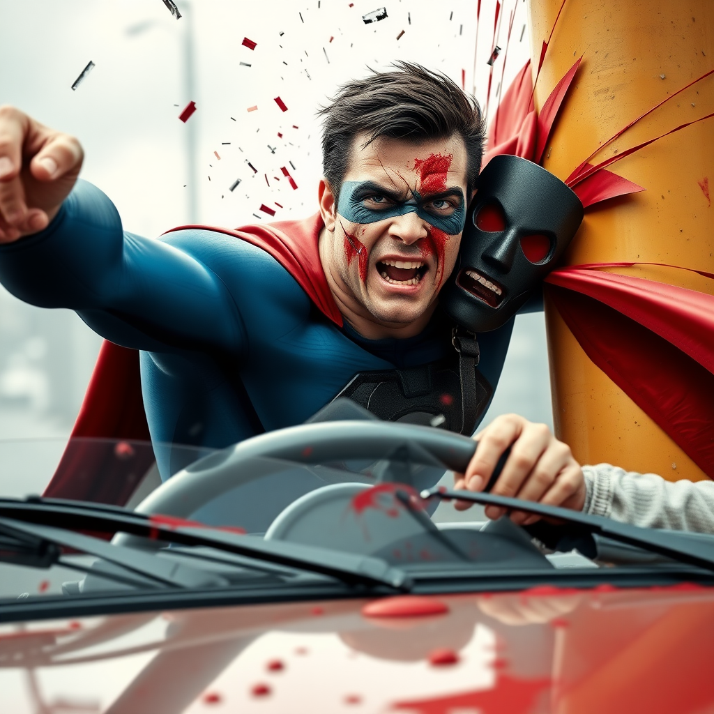 Superhero in car crashing into pole. Super hero with tortured face as impact propels superhero over steering wheel and through windshield of car and out over hood of car. Blood and glass flying. Mask being torn from his face by glass of windshield.