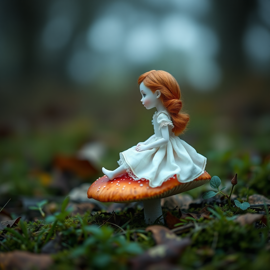 ooak art doll sitting on a amanita mushroom in nature, in profile, shy flirting, bisque doll, artist doll, realistic doll, life-like porcelain doll, handmade, one of a kind, focus stacking, abstract, minimalist art, in focus, hyperfocal, bisque porcelain, Victorian dress, symmetric, sacred geometry, original, unique personality, dynamic, cinematic scene, centered, zoom shot, dept of field, low key lighting, preteen ginger girl, balanced colors, Alice in wonderland