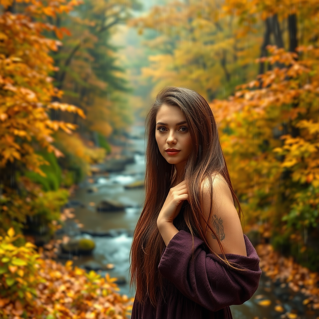 Autumn with foliage in the forest with a river, with a beautiful model posing, with pouring rain.