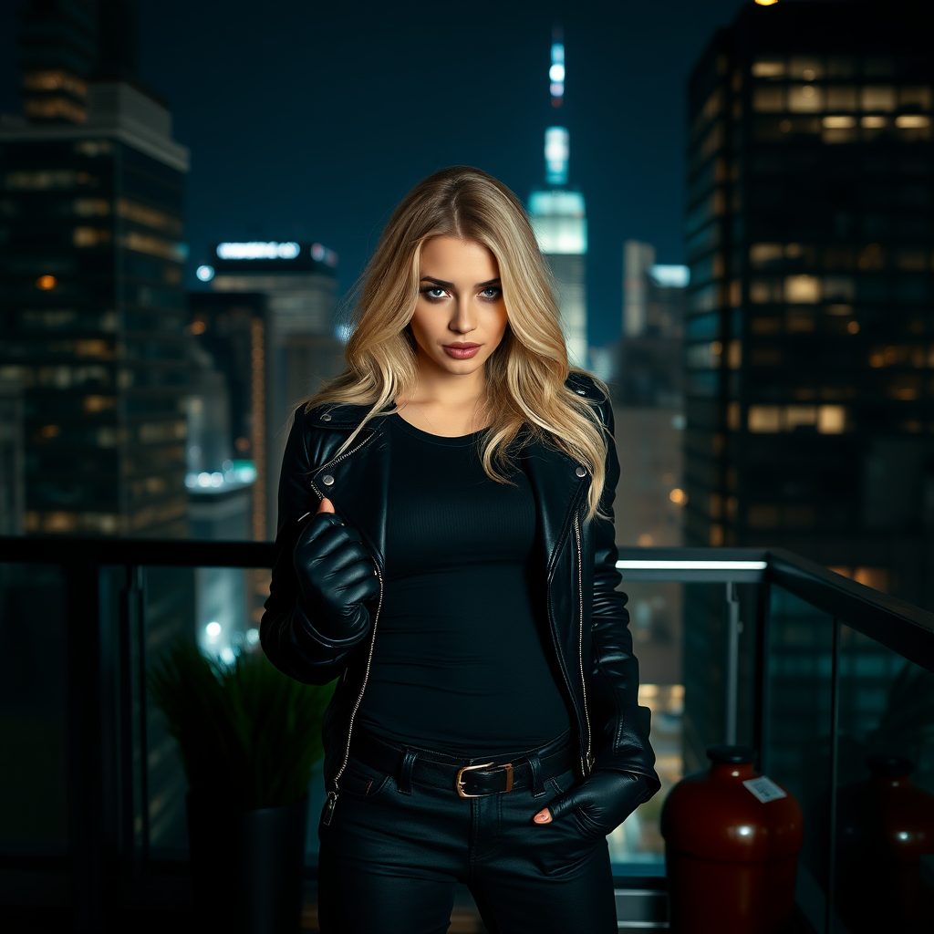 A beautiful and hot blonde thief girl in a black leather jacket over tight black t-shirt with black jeans and gloves in a Manhattan penthouse at night.