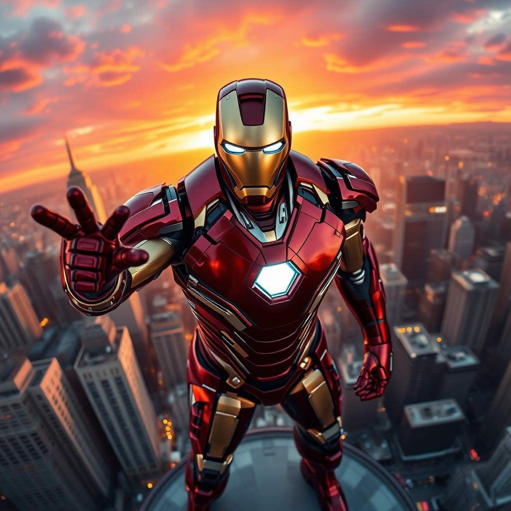 An action-packed, visually striking scene of tonystark in ironman suit without mask, standing triumphantly amidst a dramatic, cityscape backdrop at sunset, camera angle: bird's eye view, with vibrant colors and sharp contrasts to make him stand out.