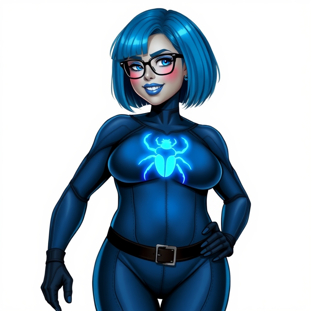 A 28-year-old, full-figured, middle gray metal skinned computer program-human hybrid with a maximum blue bob cut. She is the digital sidekick, computer hacker, and nerdy girlfriend of her cyberpunk vigilante boyfriend. Her middle gray metallic skin, distinct from any other character, highlights her digital nature. She wears maximum blue lipstick and has bright blue eyes. Her outfit includes an oversized digital maximum blue bodysuit with a neon blue glowing chest icon of a beetle and black gloves. Black eyeglasses accentuate her nerdiness, and she has a lovestruck smile with neon red blush. Her non-athletic full figure consists of a prominent, gargantuan, round midsection (with the full emphasis on her gargantuan belly), gigantic limbs, and broad shoulders, reflects the doting care of her vigilante boyfriend. The background is solid white. She is drawn as if she was in a retro 2D cyberpunk fighting game. Ensure her bodysuit covers all her bare skin (especially her round gargantuan belly). Her oversized bodysuit is influenced by DC's superheroine Jennifer Knight Phantom Lady but remains distinct.