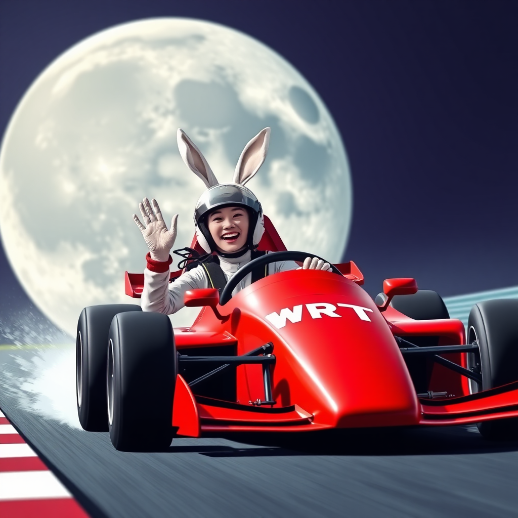 On the racetrack, a red race car with "WRT" written on it, driven by a beautiful Chinese female racer wearing a helmet with upright white rabbit ears. She is laughing and waving one hand while gripping the steering wheel tightly with the other. The background features a giant moon, with visible craters.