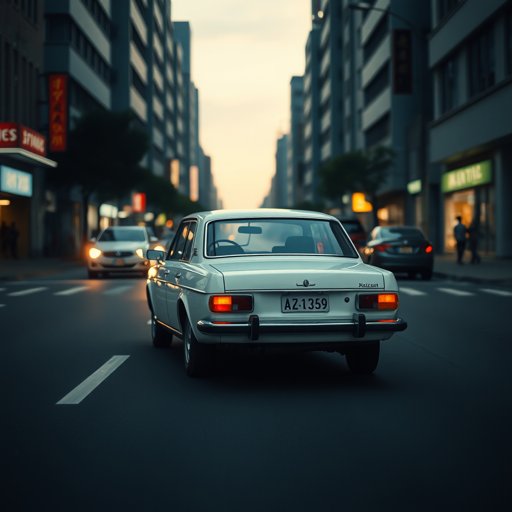 a white car is driving down the street, a picture, unsplash, shin hanga, 70's, looking regal and classic, fuji lut, poorly lit, mazoku, devils, lada, lowres, iso 500, backlighted, foam, vehicle photography, frank fanzzeta, 1 2 k, japanese, single light, basic, italian masterpiece