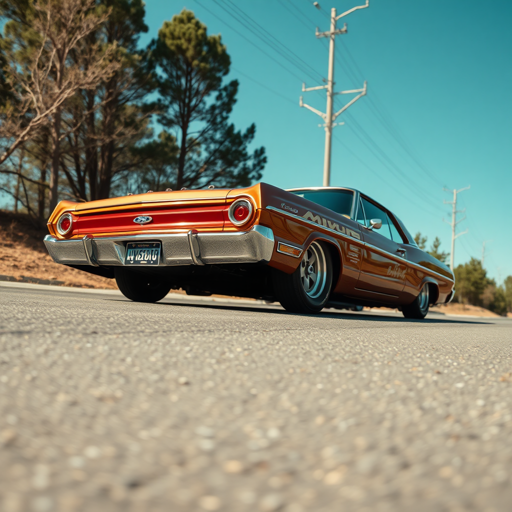 the drag car is parked on the side of the road, inspired by Taiyō Matsumoto, tumblr, restomod, nd4, c4 metallic shine classic american low rider ford