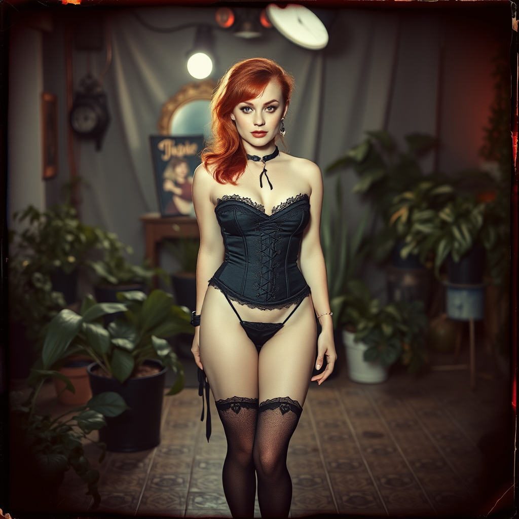 Scan of old photograph with visible wear and heavy vignetting and cracking with color tint and light leak depicting a sexy curvy thicc alt goth girl with red hair and freckles wearing a garter belt and high heels with revealing black lace corset, standing facing the viewer in a photography studio with artistic lighting filled with plants.