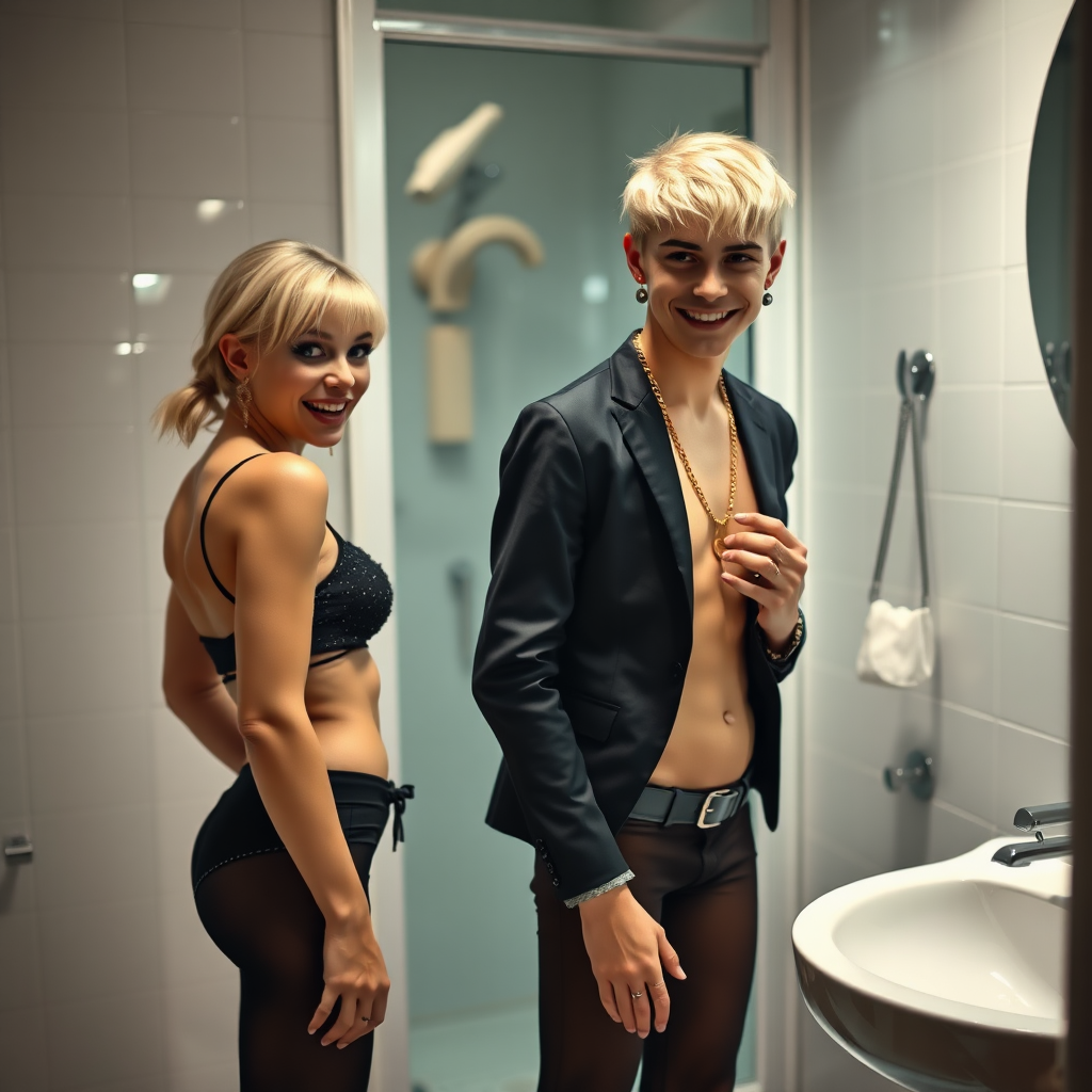 photorealistic, ultra high resolution, 16K, surreal fantasy, studio lighting, a 35 year old mother who is fully dressed for work is watching her pretty 14 year old goth son, slim male physique, short blonde hair, goth makeup, earrings, pantyhose, white ballet shoes, earrings, gold chains, handcuffs, in the bathroom, excited smile, facing the camera.