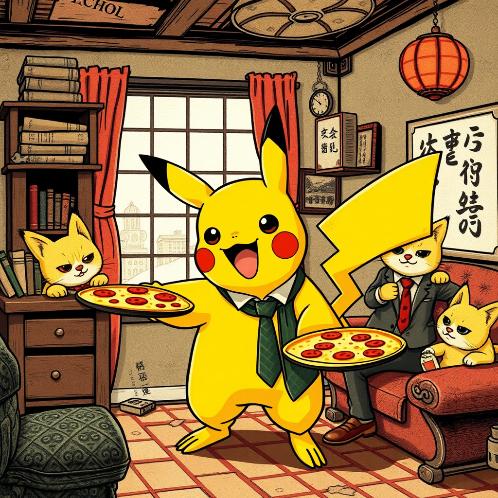 A well dressed handsome Pikachu demon delivering pizza to angry used car salesmen kittens in a decayed apartment, Chinese woodcut,