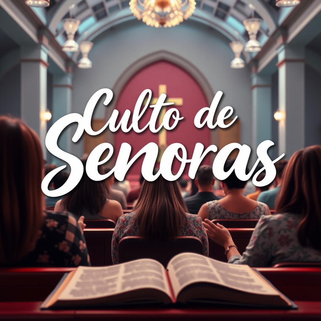 a banner with an image of several women praying in an evangelical church and with the bibles open at the top of the banner has a large, stylized title reading "Culto de Senhoras", digital art style, ultra detailed, cinematic lights, high quality, 8k