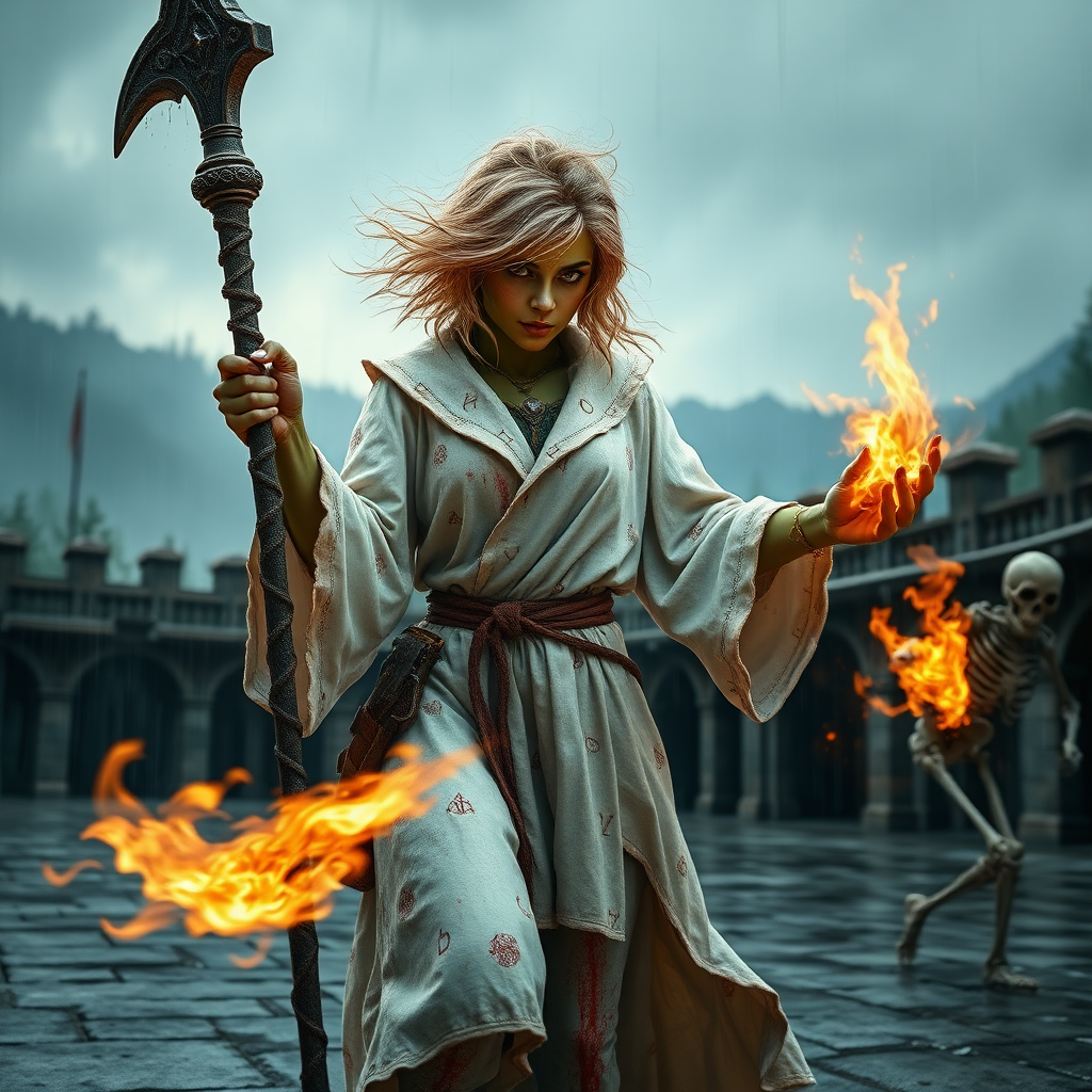 A full body shot of a pretty twenty-something female orc wizard with a face resembling (ana de armas). green skin. strawberry blonde messy shoulder length hair tussled by wind. white robes covered in runes, magic aura swirling around her visibly, magic staff with a gem. it is dawn. she is bleeding, and covered in soot and dirt. inside a castle courtyard. forest and mountains, rain. casting a fireball at a skeleton running toward her. Hyper-realistic, Photorealistic digital matte painting, soft focus, film grain, lens flare. gritty, dirty, scuffed.