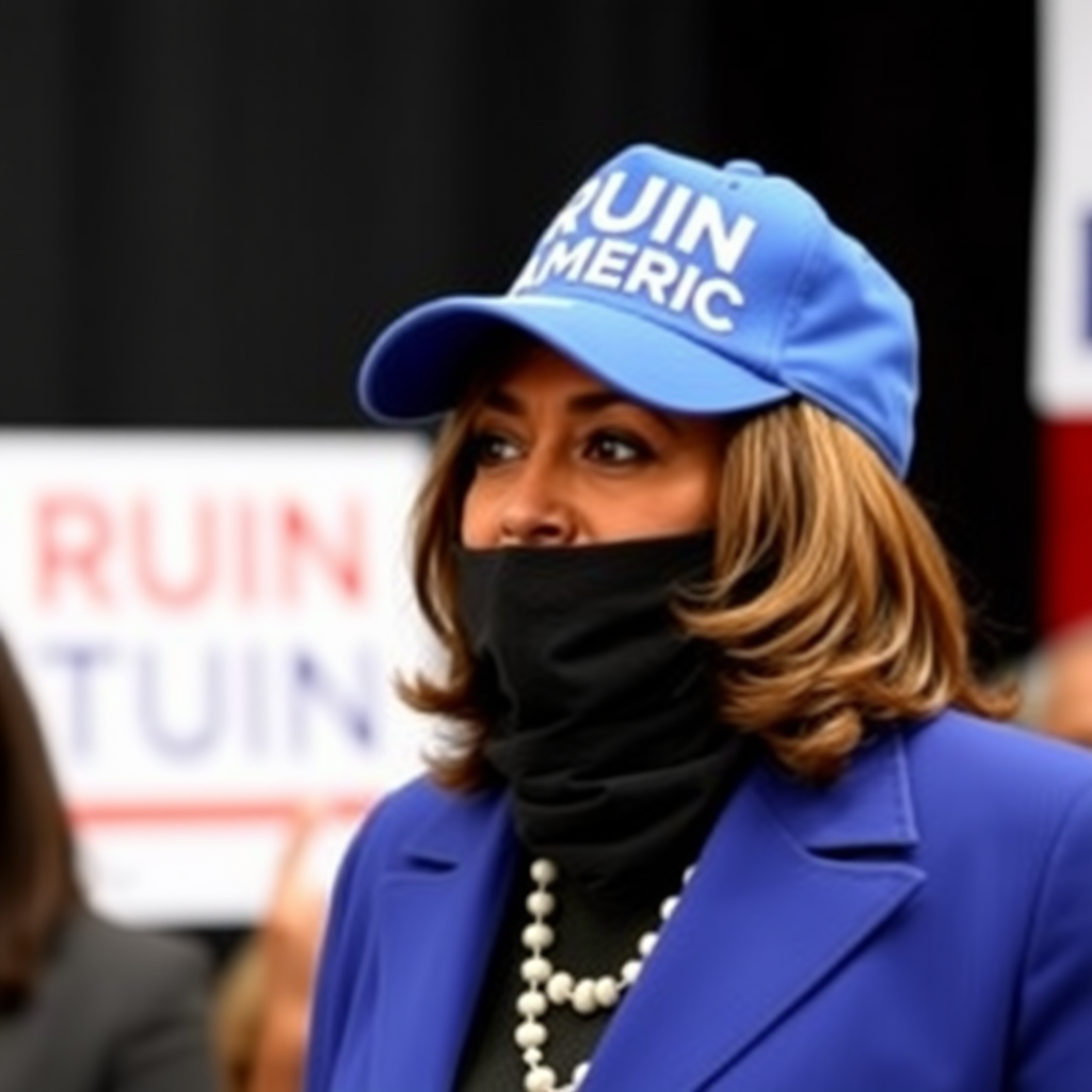 Kamala Harris wearing blue cap with white text "RUIN AMERICA"