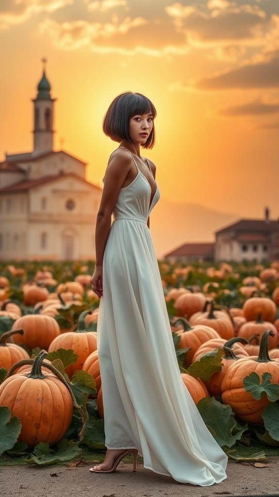 On the left, a beautiful model in a long white dress, with a layered black bob haircut, wearing 16 cm high-heeled shoes, in the background a field of large pumpkins, with a Veneto-style town featuring a church and bell tower, a sunset sky with the sun and clouds, in high definition.