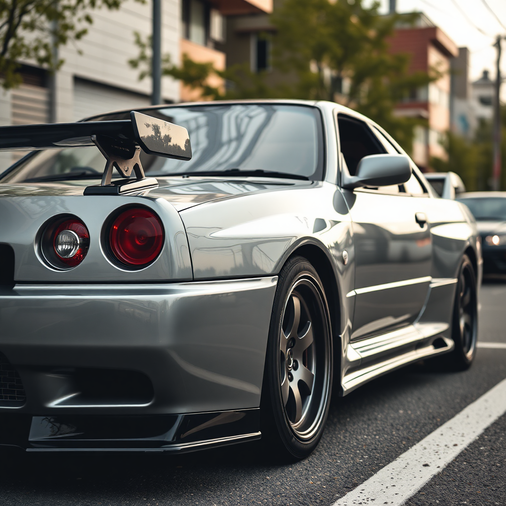 The car is parked on the side of the road, inspired by Taiyō Matsumoto, tumblr, restomod, nd4, c4 metallic shine gray black nissan skyline r34 kalabalik tokyo gece arkaplan