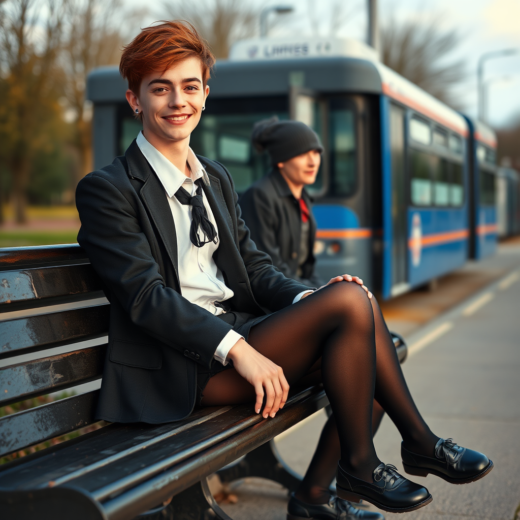 photorealistic, ultra high resolution, 16K, surreal fantasy, soft studio lighting, a pretty 18 year old goth male, slim male physique, auburn hair, goth makeup, earrings, shiny black pantyhose, UK girls-school uniform, Mary-Jane shoes, sitting on his boyfriend's lap on a bench waiting for the school bus, in daylight, excited smile, facing the camera.