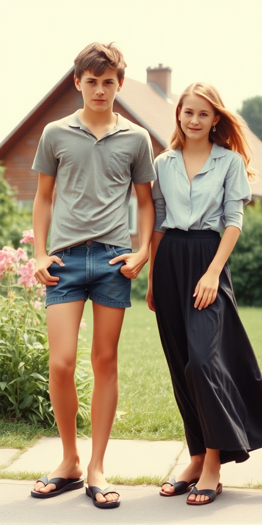 Vintage photo, 1980s. Hot summer. Germany. A tall skinny 13yo teen boy wearing short shirt, tight booty shorts, long legs, bare thighs. With a girl wearing shirt, long skirt. Full length view.