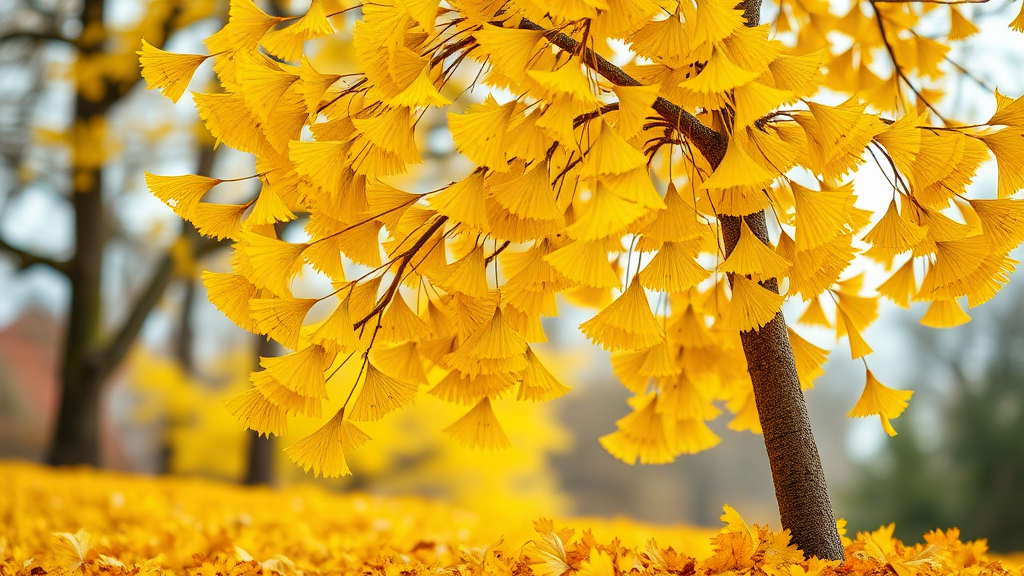 A lifelike yellow ginkgo tree, the layout features a large yellow ginkgo tree placed on the right, with ginkgo leaves fallen below, and the background expressed in out-focusing.