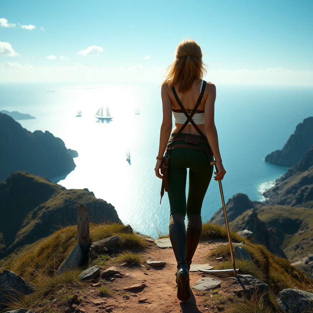 A full body portrait of a twenty something elven female like Ana de Armas, athletic, thin, medium length messy strawberry blond hair. Walking on a mountain path above an ocean. Sailing ships in the distance. Wearing a crop top and panties, high heel boots, in a fantasy style. Adventuring gear and weapons. She is facing away from camera. Hyperrealistic, film grain, lens flare, god-rays.