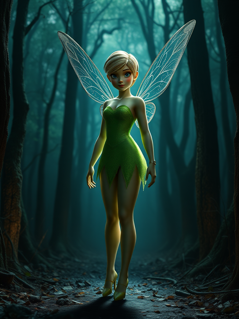 Create a hyper-realistic full-length render of Tinkerbell with the body type of Leon Kennedy from Resident Evil, ensuring the head remains intact. The silhouette and body structure should reflect Leon's muscular build while maintaining Tinkerbell's essence. Place her in an environment that harmonizes elements from both characters, such as a mystical forest that features dark, atmospheric undertones reminiscent of the Resident Evil series. Emphasize details like lighting, texture, and features to bring the blend of fantasy and realism to life, making sure both characters' themes are accurately represented within the setting.