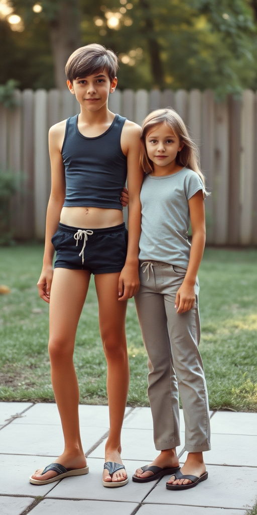 photorealistic, ultra high resolution, 16K, a tall skinny long bow cut 13yo boy wearing crop thin tank top, tight booty shorts, Long legs, bare thighs. With a girl wearing t-shirt, long pants. At backyard. Full length view. Vintage family photo, 1980s.