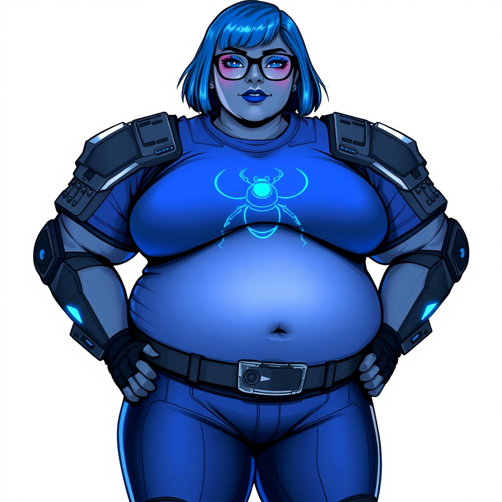 A 28-year-old, full-figured, middle gray skinned computer program hybrid with a maximum blue bob cut. She has a non-athletic build, highlighted by a prominent, round, large midsection (with heavy emphasis on her belly), which shows the aftermath of her pampering. As the heavily pampered digital sidekick to her cyberpunk vigilante boyfriend, her middle gray metallic skin and maximum blue lipstick emphasize her digital nature. She wears a digital, computerized costume consisting of a huge, tight-fitting, maximum blue t-shirt with a neon blue glowing chest icon of a beetle, hi-tech shoulder pads with neon blue accents, a black hi-tech belt with a digital neon blue glowing buckle, digital maximum blue biker pants with neon blue accents, and black hi-tech fingerless biker gloves with neon blue glowing accents. Her neon blue glowing eyes, black eyeglasses with a neon blue glowing HUD built in its lenses, and shy smile with neon red blush accentuate her nerdiness. She stands bashfully with her hands behind her back, her costume covering all her skin and emphasizing her full-figured physique (especially her belly). She is clearly non-athletic, with a focus on her full-figured physique. Despite her build, she radiates beauty. She has a slim face compared to her physique, accentuating her radiant beauty. She is on a solid white background. She is drawn as if she was in a retro 2D cyberpunk fighting game.