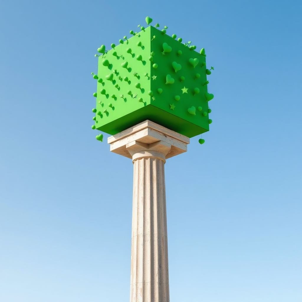 A photograph of a thin small, ancient Greek column with weathered, fluted details at the base. Atop the column is an oversized, normal green rectangular volume, functioning as a funky art installation. The large green structure dramatically overshadows the small column, with numerous quirky green objects—such as small hearts, stars, and abstract shapes—hanging from it. The surreal and playful installation creates a striking contrast between the ancient, minimal column and the modern, weird design.