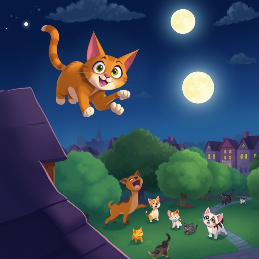 Illustrate a vibrant nighttime scene in a whimsical Pixar style. Show a heroic cat named Kiki, with large expressive eyes, leaping dramatically from a rooftop towards a park. Capture the moment as she rushes towards the sound of distress. Below, depict a playful group of mischievous dogs causing chaos among a few frightened small cats. The scene should be filled with colorful details, soft lighting from the moon, and a sense of action and adventure, highlighting Kiki's bravery.