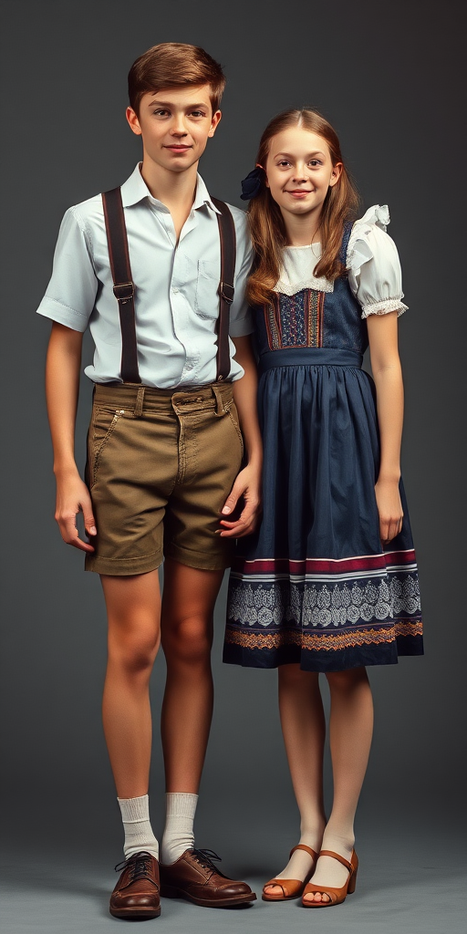 A tall 13yo teen boy, wearing shirt, very tight booty shorts lederhosen, tube socks, shoes, long legs, narrow thighs. With a girl wearing traditional long dress. full-length view. studio background. Family photo. 1980s. photorealistic, ultra high resolution, 16K, Negative: grainy, blurry, bad anatomy, extra limbs, watermark.