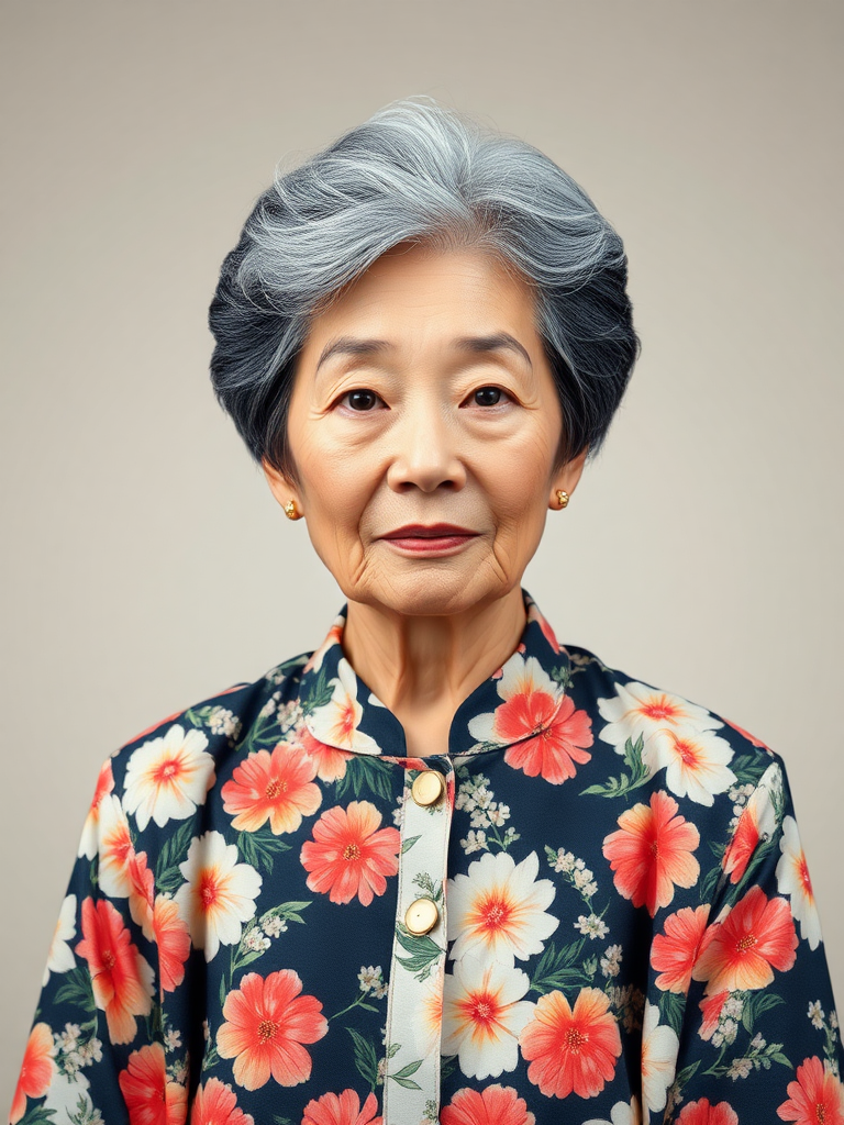 80 age old korean woman, front, flower shirt, photo studio background, Short permed hair, black and white hair