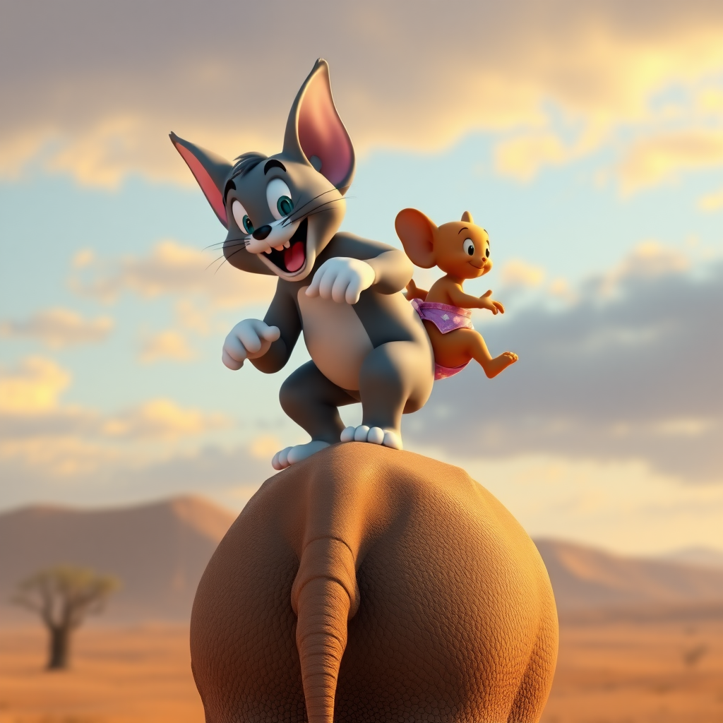 Tom and Jerry on an elephant's back in the Sahara in real 3D.