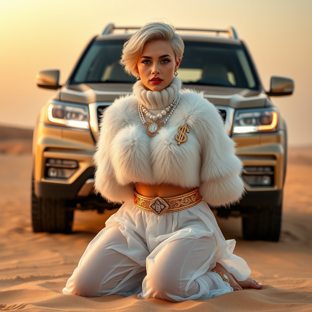 Kuwait desert dunes misty dawn, full size luxury SUV: Melissa, European 17 years old very convincing femboy “trophy-bimbo”, tamed servile docile, very beautiful feminine flawless face, rather short, by hormones very curvaceous womanly figured, platinum blond short tight curls, bold red lips, heavily made-up face, wearing Supertanya-style fluffy very fuzzy bright white angora turtleneck-poncho cropped ending under bust decorated with pearls and gemstones, striking oriental wide gold bridal protection belt, white fully transparent harem pants, full Oriental bridal jewelry, full Oriental face-jewelry, coin anklets, striking diamond “$$$” letter brooch on left chest, pout frustrated, hands tied behind back, kneeling in sand in front of SUV, looking at camera. Focus on face and turtleneck-poncho.