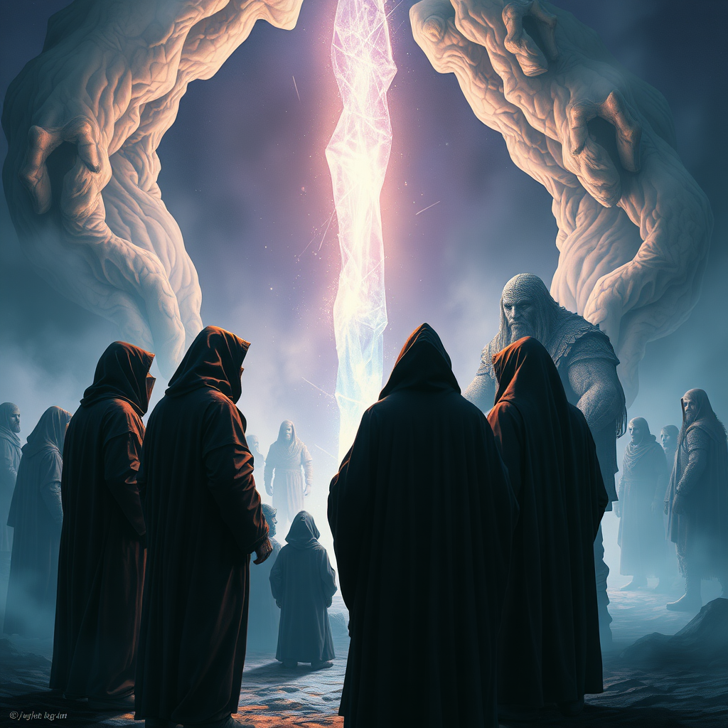 Chromatic, people in dark hooded robes, standing around a crystal light pillar, being talked to by huge shaman-like humans.