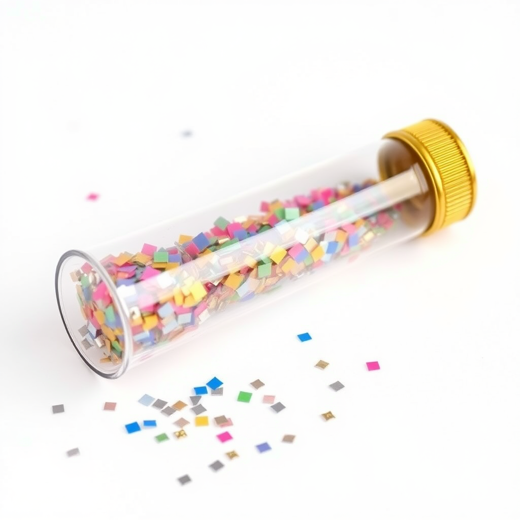 glass tube with confetti inside and golden cap, white background