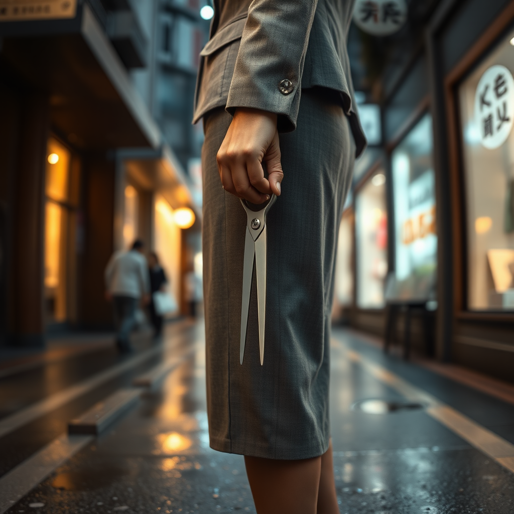 camera focuses on the lower portion of a Japanese businesswoman gripping a pair of long scissors that she holds pointed downward at her right side. She wears a grey blazer and a grey skirt and faces the camera. The lights from the shops in the alleyway glint off of the scissors. The lights from the shops in the alleyway are reflected in the rain puddles scattered on the asphalt of the ground.