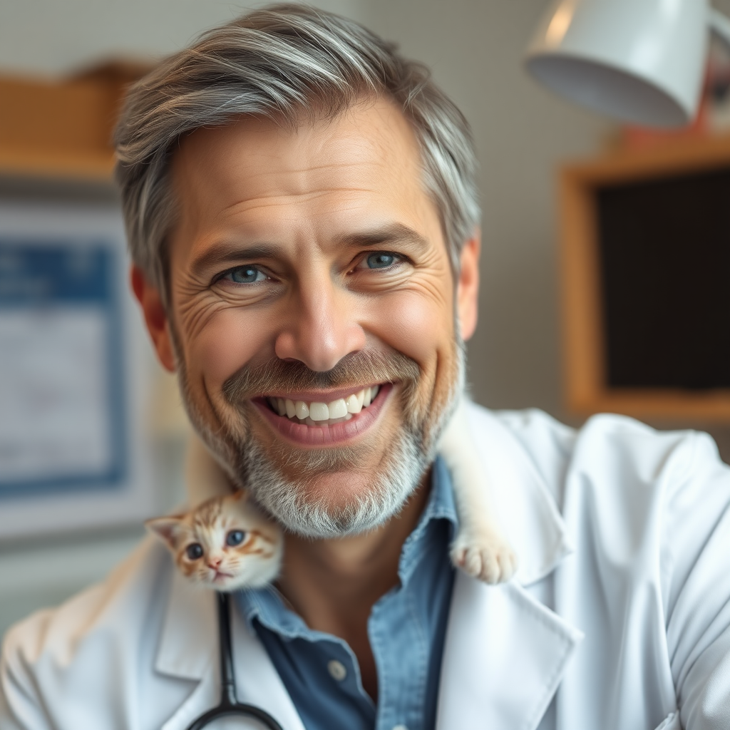 a 57yo handsome swiss doctor, very reliable look, on his studio, nice smile, really professional look, extremely photorealistic image, no rings. there is an handsome insanely cute little white kitten on the doctor's shoulder, extremely realistic, the doctor's teeth are stunningly clean and white and are simply perfect,