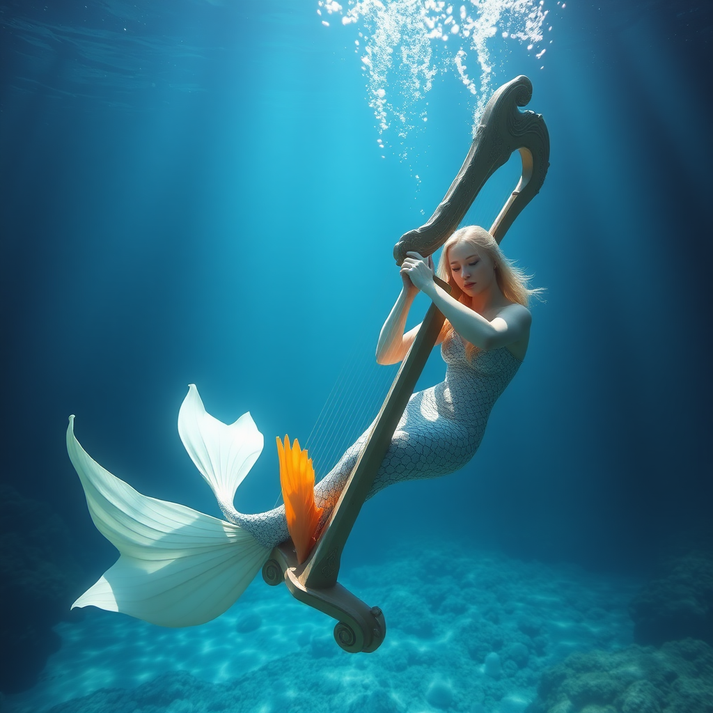 Mermaid with harp under water photorealistic, super Realitiy, high resolution, photo