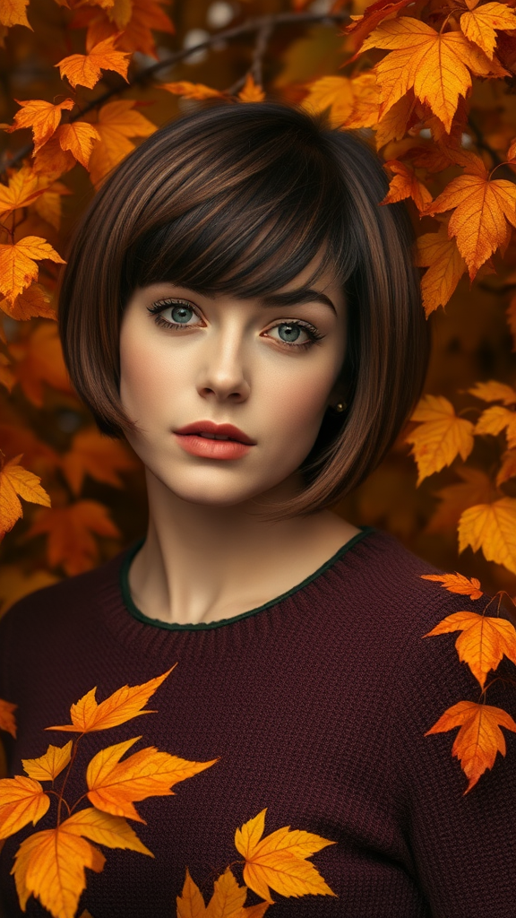 Beautiful model Anne Hathaway with a Bowl Cut hairstyle, surrounded by autumn foliage, in high definition.