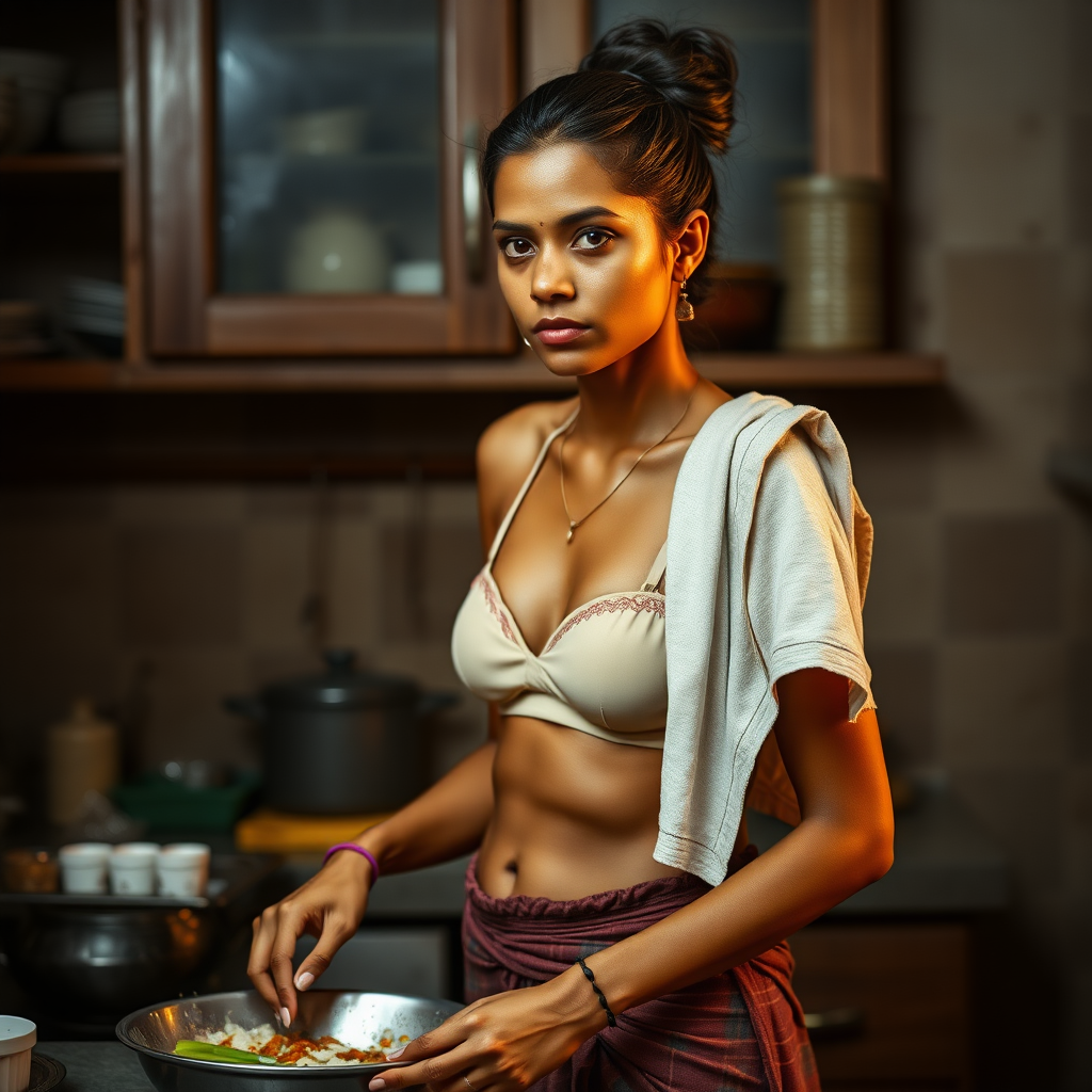 A skinny, 30 year old Indian wife with hair bun, wearing a bra, skirt and a short towel on her shoulder. She is preparing food in the kitchen.