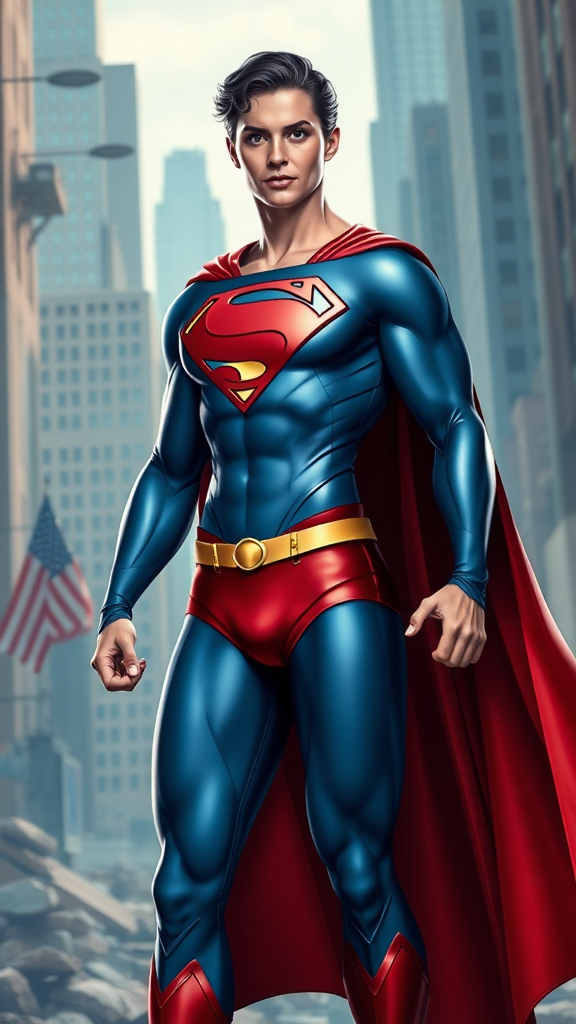 Create a full-length image of Superman using the female musculature of Elastigirl. Retain the original head, hairstyle, and facial features while modifying the costume to fit the new proportions, adding some embellishments for a unique touch. Design the background using elements inspired by both characters, reflecting their iconic themes and settings. Focus on vibrant colors and dynamic poses that highlight strength and agility, showcasing this reinterpretation of Superman in an action-packed scene.