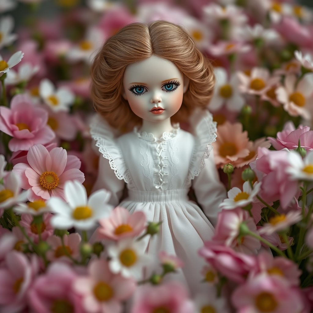 ooak art doll in a bed of flowers, staring at camera, fierce look, artistic photograph, artist doll, realistic doll, life-like porcelain doll, handmade, one of a kind, focus stacking, abstract, minimalist art, in focus, hyperfocal, bisque porcelain, Victorian dress, floral, symmetric, sacred geometry, original, unique personality