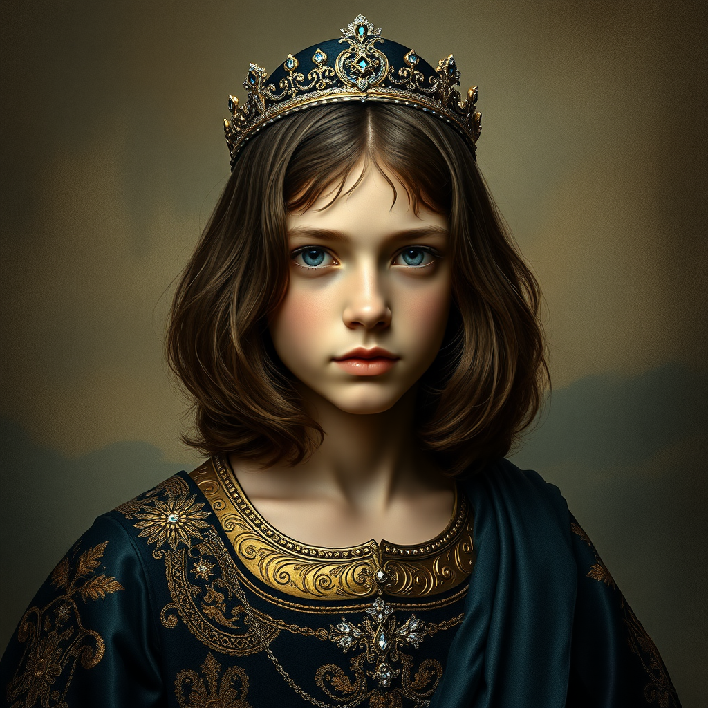 16yo teen boy prince, long bob cut, embroidered with gold and diamonds medieval cloths, diamond diadem, and Beautiful War, natural Skin Texture, visualization of embossed Skin using the play of light and shadow. Free style by 50% Adolphe William Bouguereau and 15% Sandro Botticelli and 35% Otto Lomüller, The background is in the style of landscape style by Antonio del Polaiolo. Studio lighting, professional lighting. Generating the signature at the bottom: FluxBach. ultra high resolution, 16K,