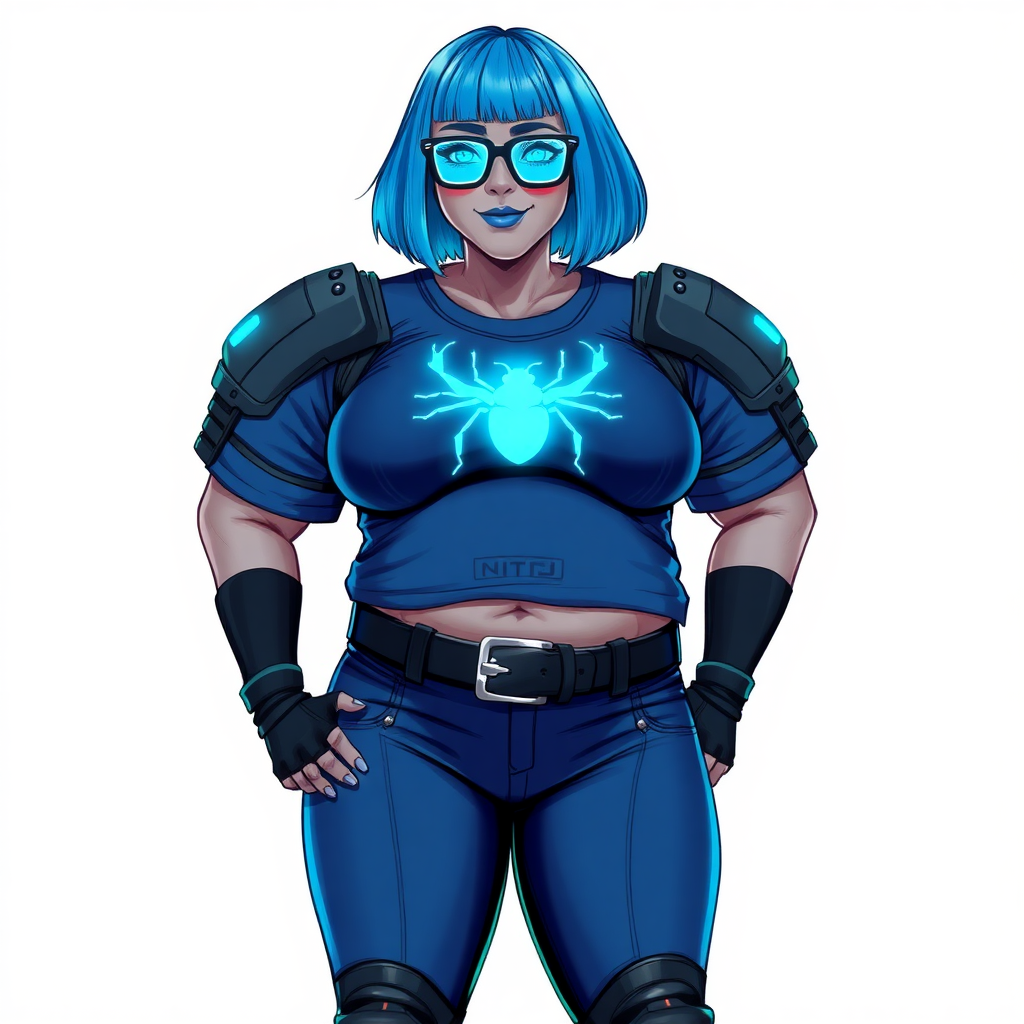 A 28-year-old, full-figured, middle gray-skinned computer program hybrid with a maximum blue bob cut. She has a non-athletic build, highlighted by a prominent, round, large midsection (with emphasis on her belly), which shows the aftermath of her pampering. As the heavily pampered digital sidekick to her cyberpunk vigilante boyfriend, her middle gray metallic skin and maximum blue lipstick emphasize her digital nature. She wears a digital, computerized costume consisting of a huge, tight-fitting, maximum blue t-shirt with a neon blue glowing chest icon of a beetle, hi-tech shoulder pads with neon blue accents, a black hi-tech belt with a digital neon blue glowing buckle, digital maximum blue biker pants with neon blue accents, and black hi-tech fingerless biker gloves with neon blue glowing accents. Her neon blue glowing eyes, black eyeglasses with a neon blue glowing HUD built in its lenses, and shy smile with neon red blush accentuate her nerdiness. She stands bashfully with her hands behind her back, her costume covering all her skin and emphasizing her full-figured physique (especially her belly). She is clearly non-athletic, with a focus on her full-figured physique. Despite her build, she radiates beauty. She has a slim face compared to her physique, accentuating her radiant beauty. She is on a solid white background. She is drawn as if she was in a retro 2D cyberpunk fighting game.