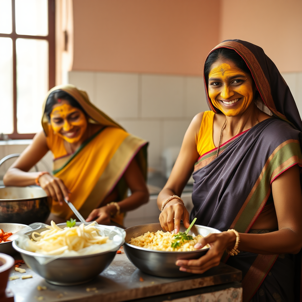 2 skinny, happy, traditional, 30 year old, Indian maids. They are preparing food in the kitchen. Their face is covered with turmeric face mask.